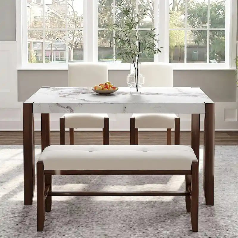 4-piece Dining Set with Faux Marble Style Table and 2 Upholstered Chairs & Bench with Wood Legs