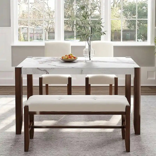 4-piece Dining Set with Faux Marble Style Table and 2 Upholstered Chairs & Bench with Wood Legs