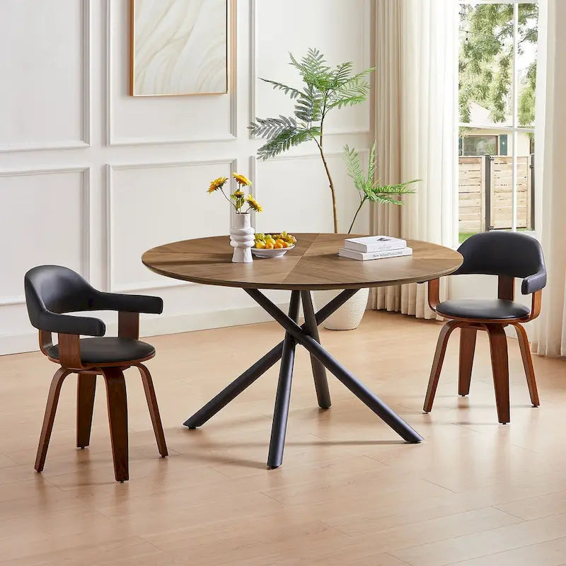 Round Dining Table Black Walnut with X-cross Leg for Kitchen, Dining Room