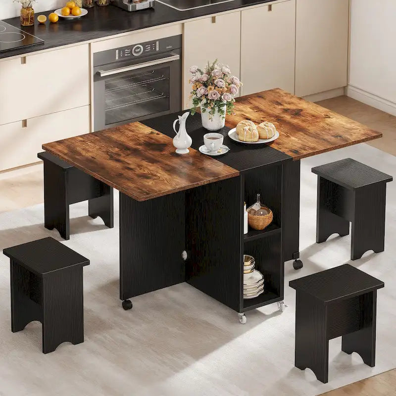 Moasis 5 Pieces 7 Pieces Folding Dining Set with Drop Leaf Table and Storage Stools for up to 6 People