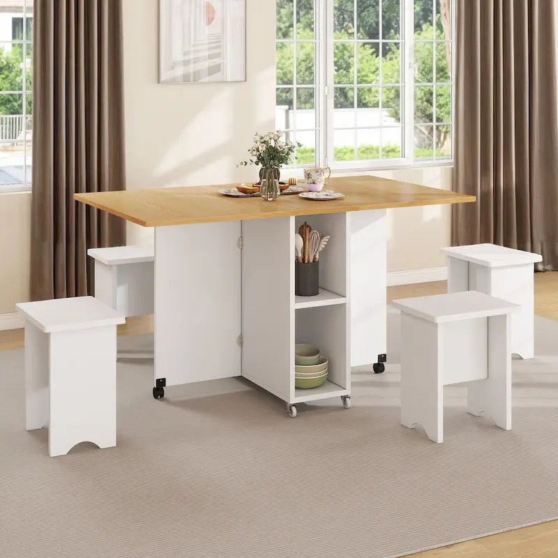 Moasis 5 Pieces 7 Pieces Folding Dining Set with Drop Leaf Table and Storage Stools for up to 6 People