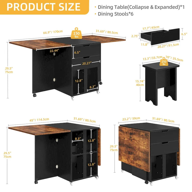 Moasis 5 Pieces 7 Pieces Folding Dining Set with Drop Leaf Table and Storage Stools for up to 6 People
