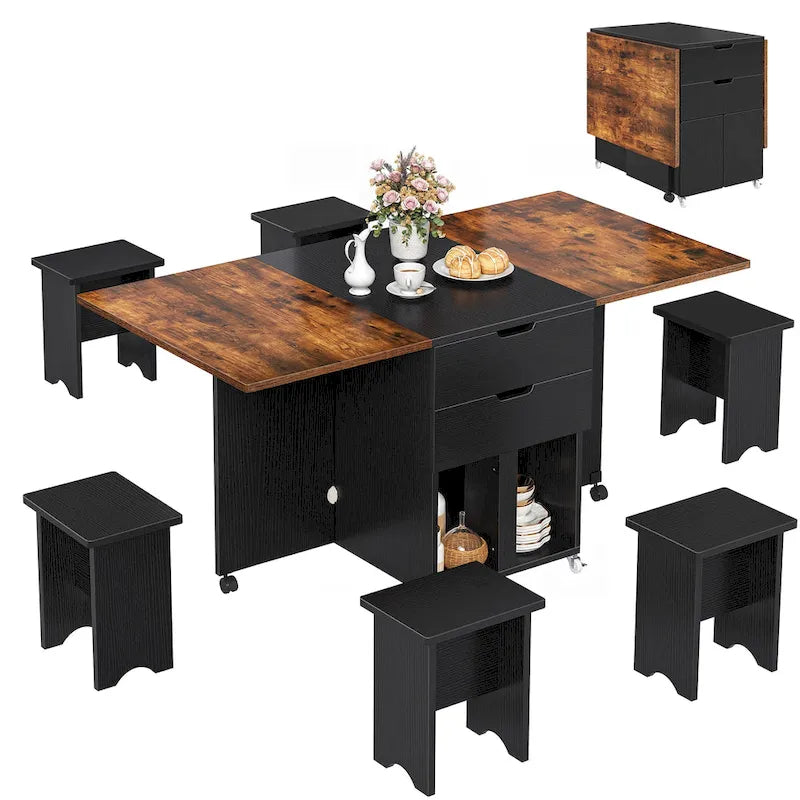Moasis 5 Pieces 7 Pieces Folding Dining Set with Drop Leaf Table and Storage Stools for up to 6 People