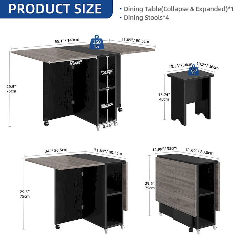 Moasis 5 Pieces 7 Pieces Folding Dining Set with Drop Leaf Table and Storage Stools for up to 6 People