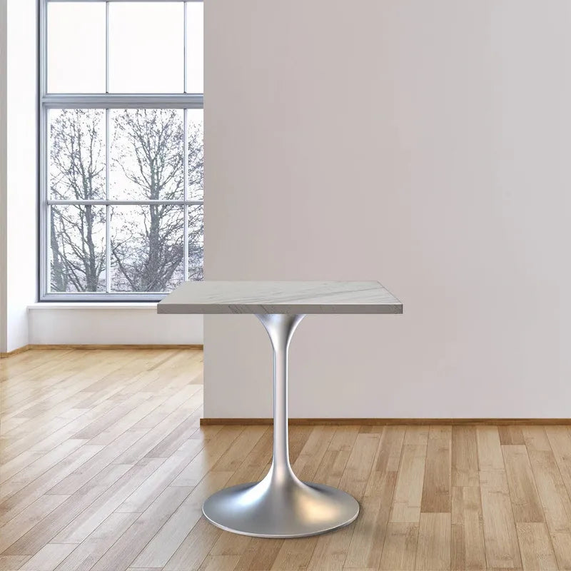 LeisureMod Verve Square Dining Table with White Marbleized Resin Top and Modern Brushed Steel Base for Kitchen