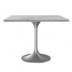 LeisureMod Verve Square Dining Table with White Marbleized Resin Top and Modern Brushed Steel Base for Kitchen