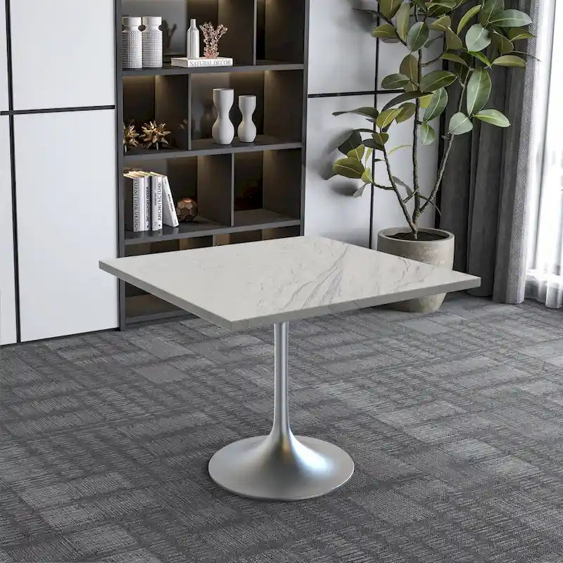 LeisureMod Verve Square Dining Table with White Marbleized Resin Top and Modern Brushed Steel Base for Kitchen
