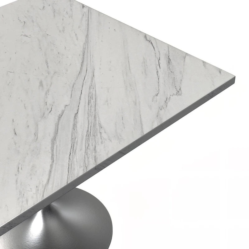 LeisureMod Verve Square Dining Table with White Marbleized Resin Top and Modern Brushed Steel Base for Kitchen