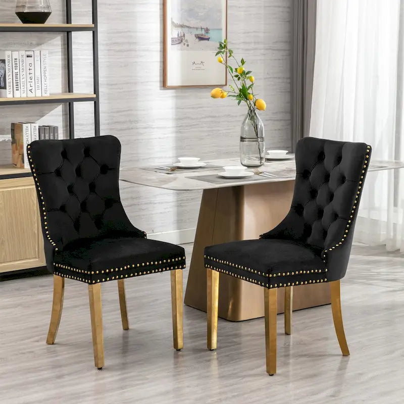 High-end Tufted Solid Wood Contemporary Velvet Upholstered Dining Chair with Golden Stainless Steel Plating Legs,Set of 2