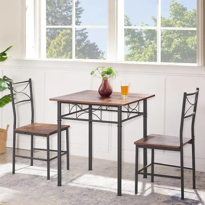 Brown 3-Piece Small Square Dining Table Set for Breakfast Nook Wood Bar Table with Chairs Set of 2 with Steel Frame