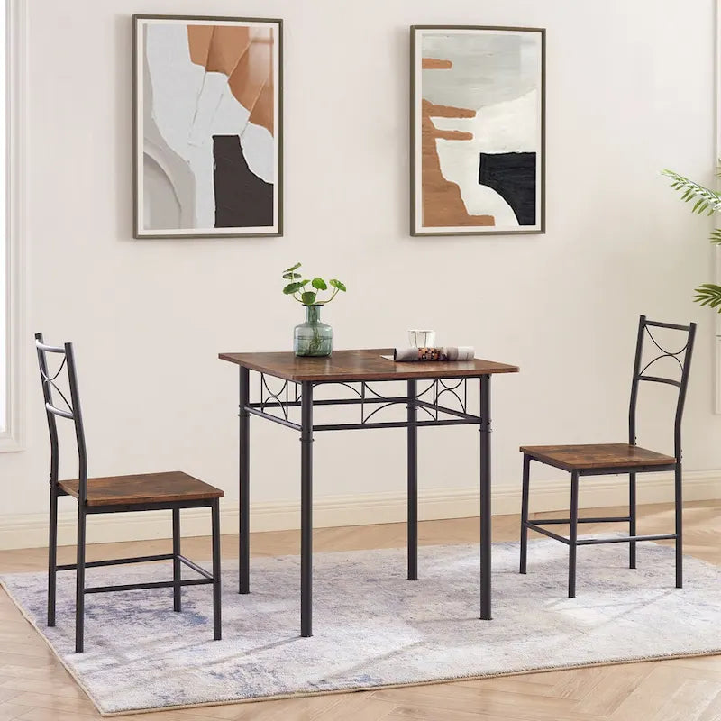 Brown 3-Piece Small Square Dining Table Set for Breakfast Nook Wood Bar Table with Chairs Set of 2 with Steel Frame