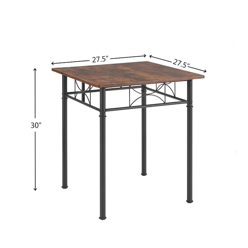 Brown 3-Piece Small Square Dining Table Set for Breakfast Nook Wood Bar Table with Chairs Set of 2 with Steel Frame