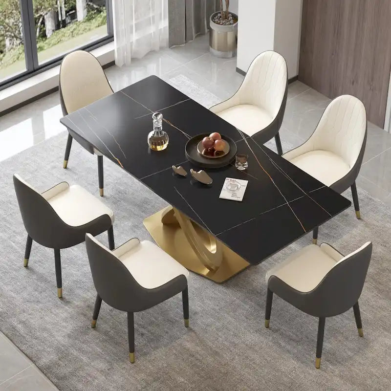 70.8 Dining Table, Modern Dining Table for 8, Antique White Sintered Stone with Stainless Steel Gold Pedestal