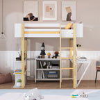 Merax Wood Loft Bed With Built-in Storage Cabinet and Shelves, Foldable desk