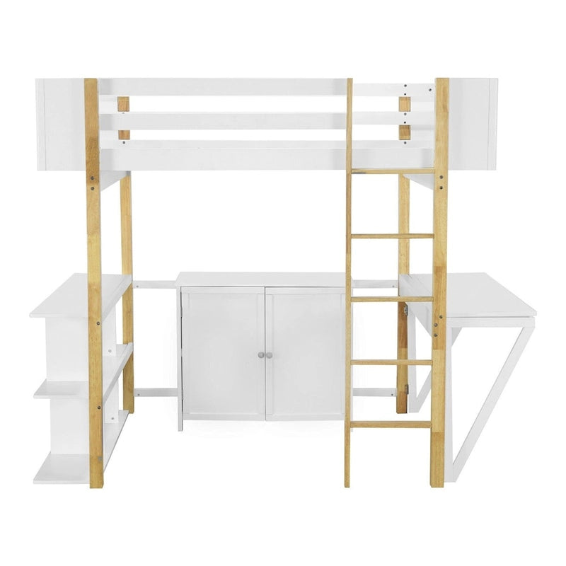Merax Wood Loft Bed With Built-in Storage Cabinet and Shelves, Foldable desk