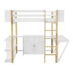 Merax Wood Loft Bed With Built-in Storage Cabinet and Shelves, Foldable desk