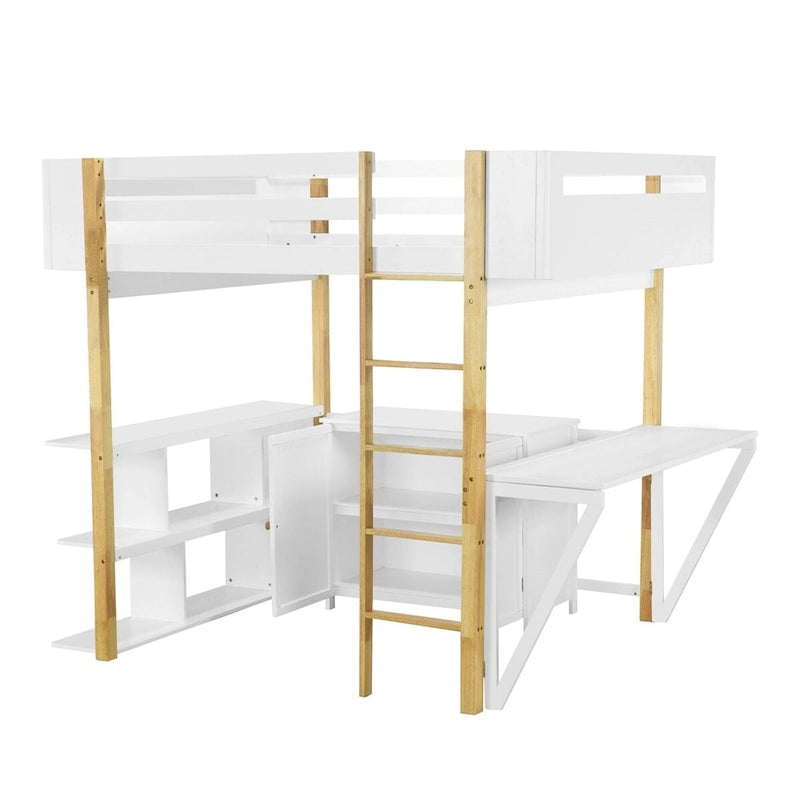 Merax Wood Loft Bed With Built-in Storage Cabinet and Shelves, Foldable desk