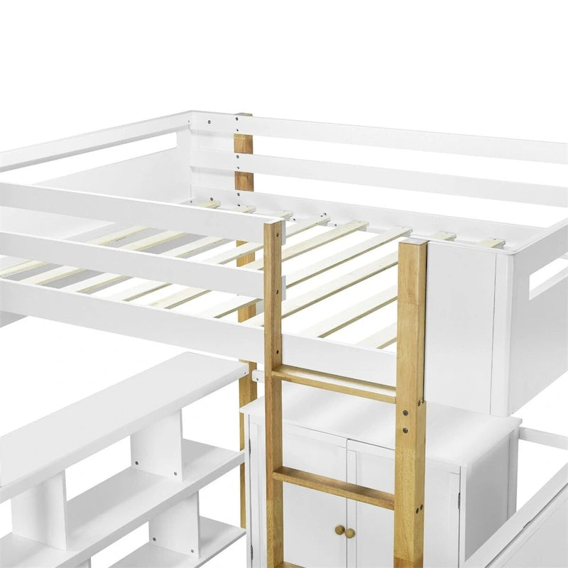 Merax Wood Loft Bed With Built-in Storage Cabinet and Shelves, Foldable desk