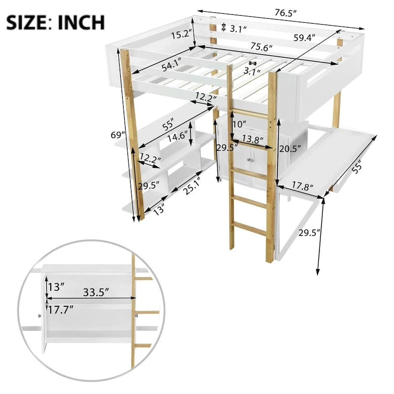 Merax Wood Loft Bed With Built-in Storage Cabinet and Shelves, Foldable desk