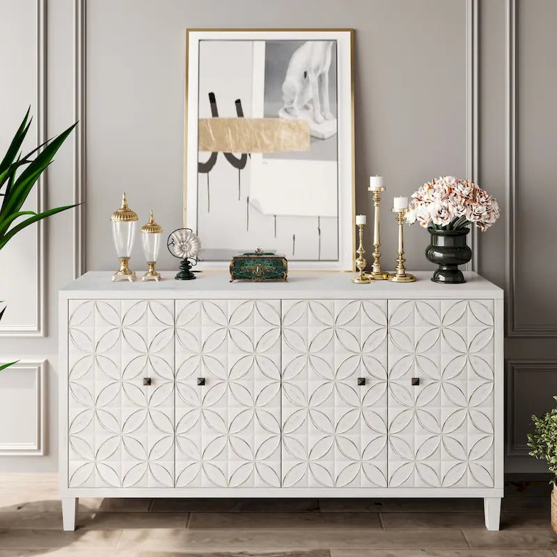 60-in Modern Wash White 4 Door Wooden Sideboard Buffet Server Accent Storage Cabinet