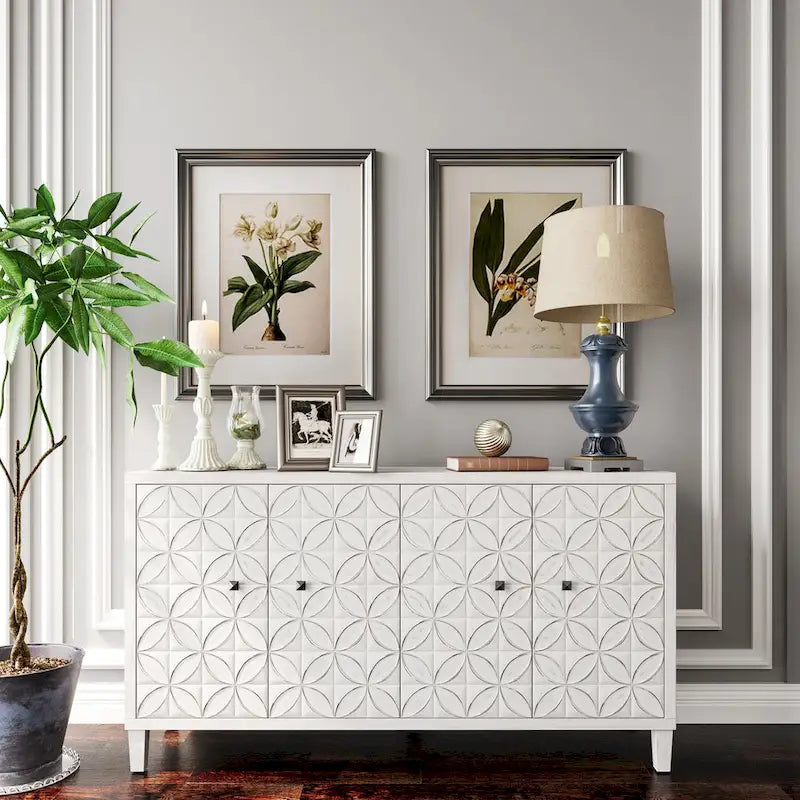 60-in Modern Wash White 4 Door Wooden Sideboard Buffet Server Accent Storage Cabinet