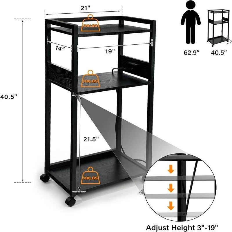 3-Tier Movable Printer Stand - 19Dx 14Wx 40H