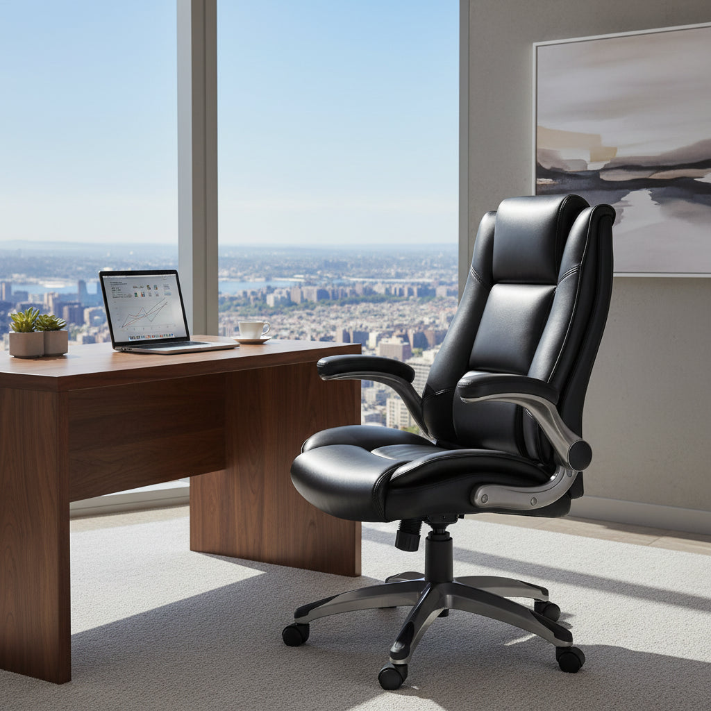 Leather Executive Office Chair- High Back Home Computer Desk Chair with Padded Flip-up Arms, Adjustable Tilt Lock