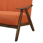 Indy 51 Inch Loveseat, Brown Wood Angled Frame, Textured Orange Fabric