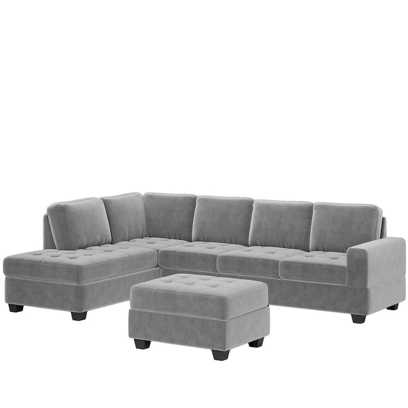 112-inch Modern L-shaped Sectional Sofa with Reversible Chaise, Storage Ottoman and Two Cup Holders - 112W x 80D x 33.7H