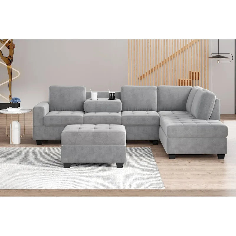112-inch Modern L-shaped Sectional Sofa with Reversible Chaise, Storage Ottoman and Two Cup Holders - 112W x 80D x 33.7H