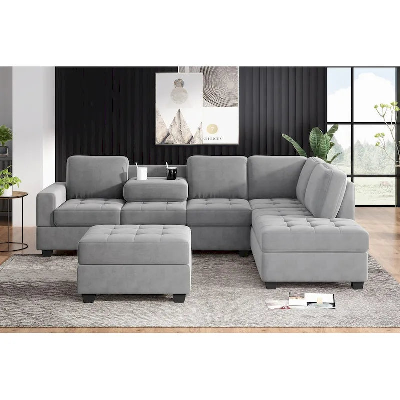 112-inch Modern L-shaped Sectional Sofa with Reversible Chaise, Storage Ottoman and Two Cup Holders - 112W x 80D x 33.7H
