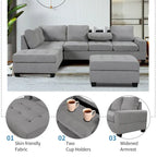 112-inch Modern L-shaped Sectional Sofa with Reversible Chaise, Storage Ottoman and Two Cup Holders - 112W x 80D x 33.7H