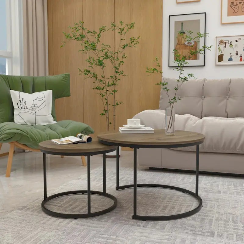 Nesting Coffee Table Set of 2, 27.6inch Round Coffee Table Wood Finish with Sturdy Metal Frame,End Table Side Tables