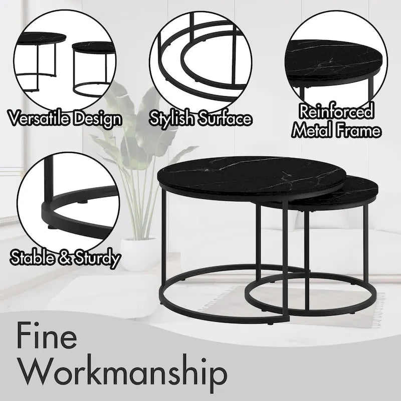 Nesting Coffee Table Set of 2, 27.6inch Round Coffee Table Wood Finish with Sturdy Metal Frame,End Table Side Tables