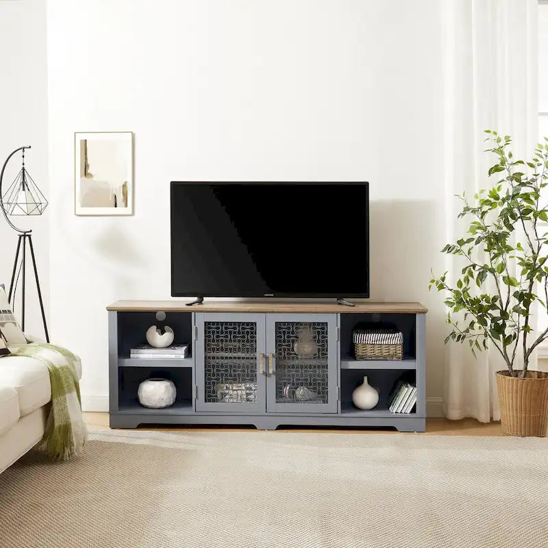 Modern TV Media Stand, Large Home Entertainment Console, for TV Up to 80, with Open Shelves and Glass Door Cabinets
