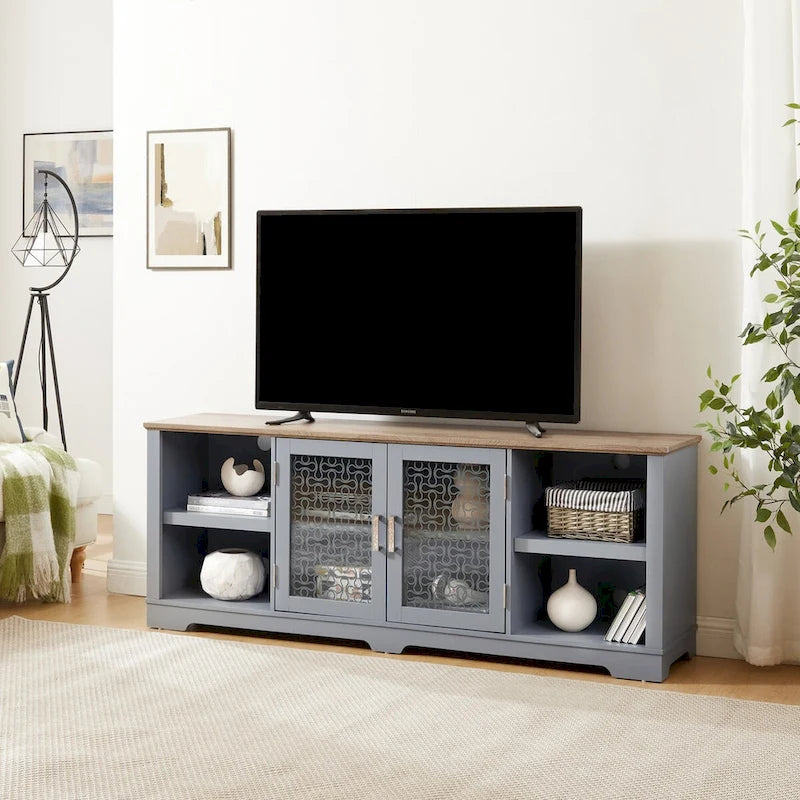 Modern TV Media Stand, Large Home Entertainment Console, for TV Up to 80, with Open Shelves and Glass Door Cabinets