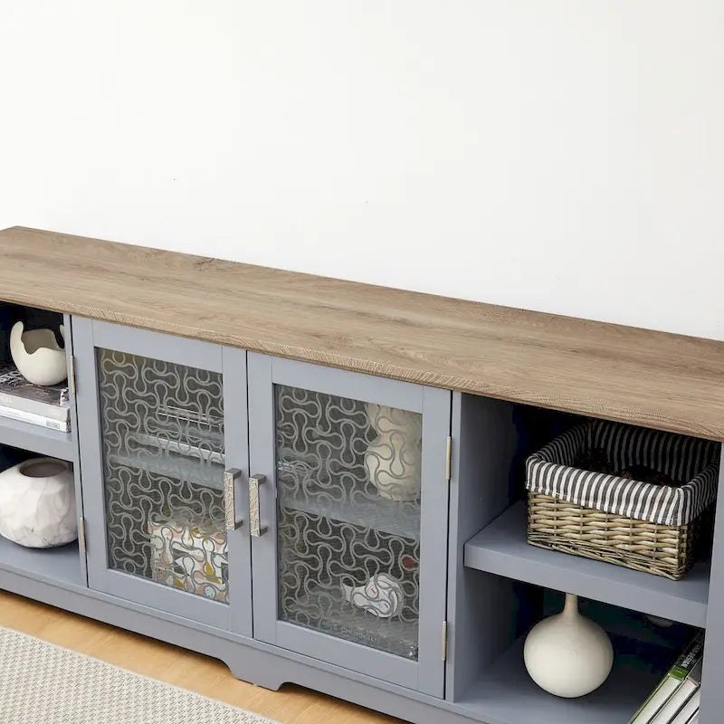 Modern TV Media Stand, Large Home Entertainment Console, for TV Up to 80, with Open Shelves and Glass Door Cabinets