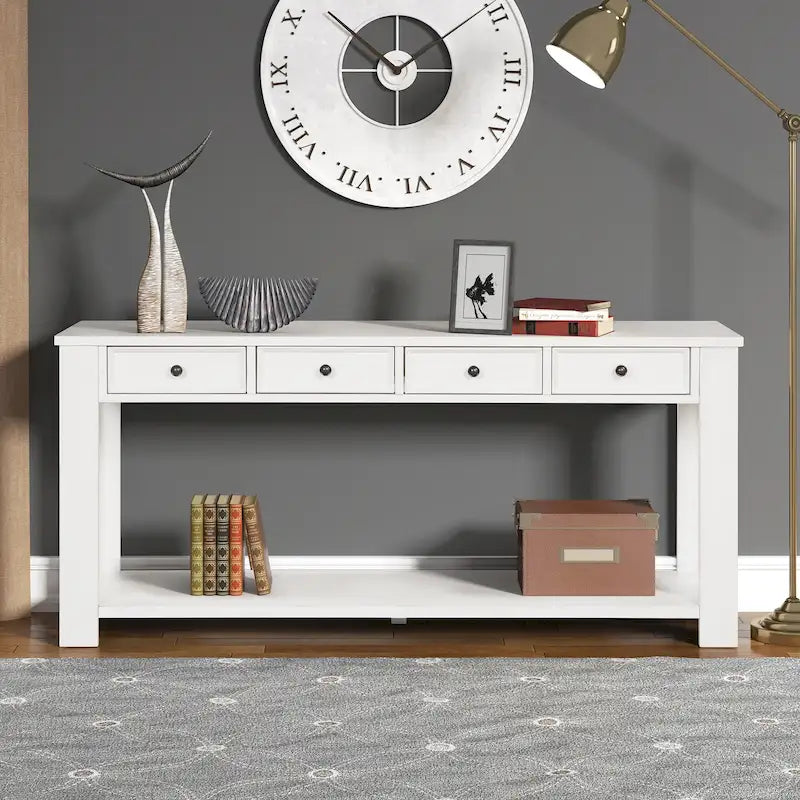 Pine Wood Console Table with 4 Drawers and Bottom Shelf for Entryway Hallway