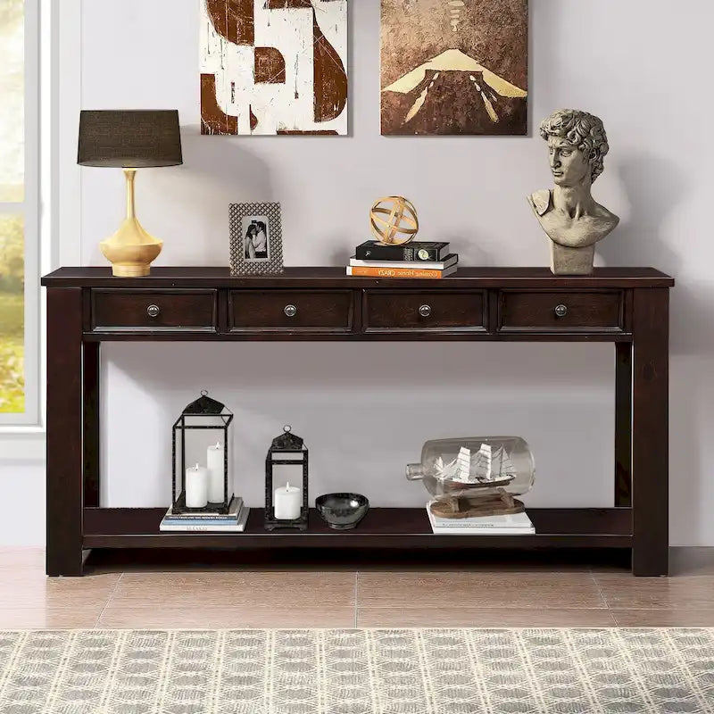 Pine Wood Console Table with 4 Drawers and Bottom Shelf for Entryway Hallway