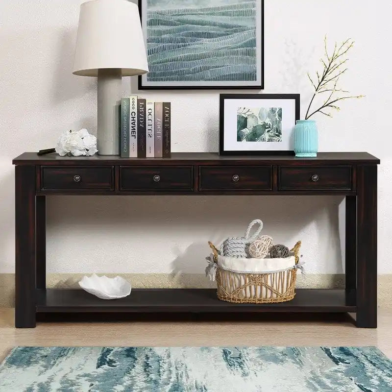 Pine Wood Console Table with 4 Drawers and Bottom Shelf for Entryway Hallway