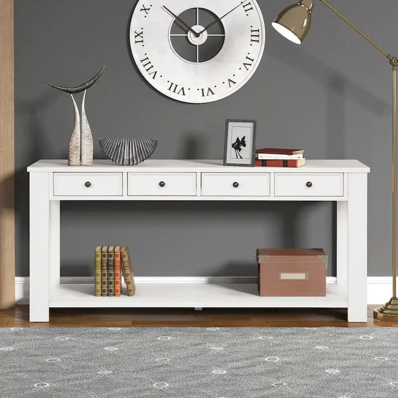 Pine Wood Console Table with 4 Drawers and Bottom Shelf for Entryway Hallway