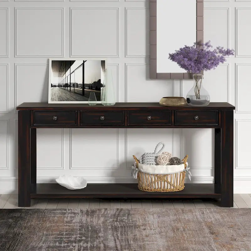 Pine Wood Console Table with 4 Drawers and Bottom Shelf for Entryway Hallway