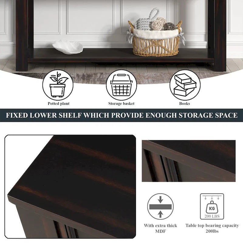 Pine Wood Console Table with 4 Drawers and Bottom Shelf for Entryway Hallway