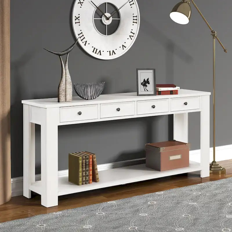 Pine Wood Console Table with 4 Drawers and Bottom Shelf for Entryway Hallway