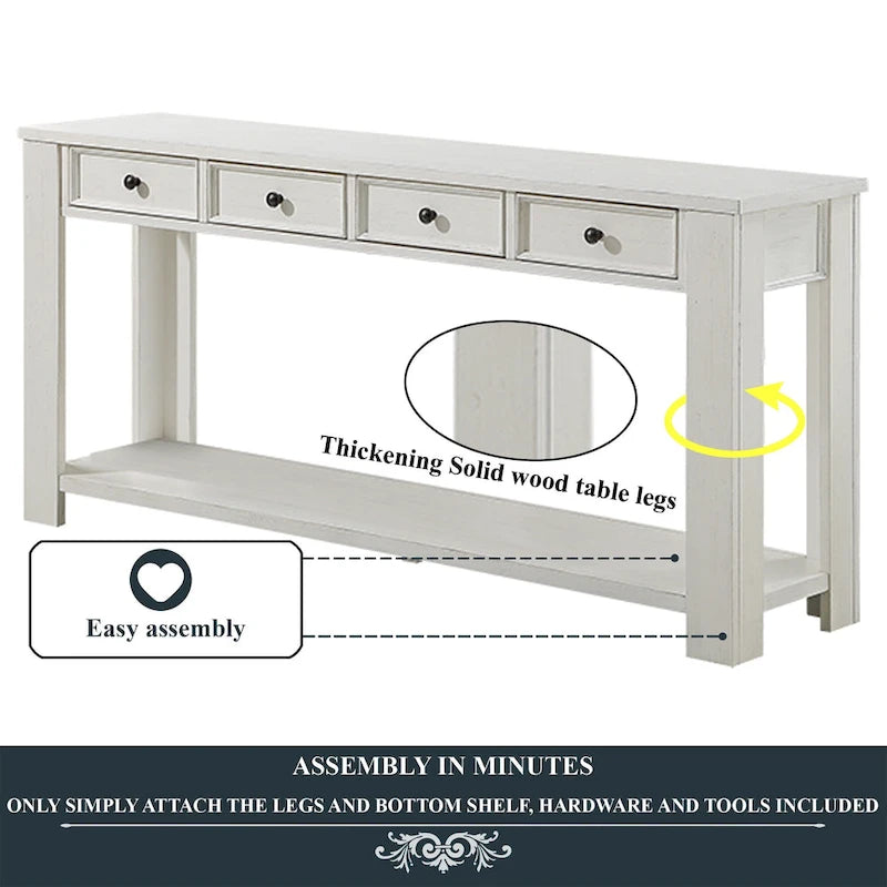 Pine Wood Console Table with 4 Drawers and Bottom Shelf for Entryway Hallway