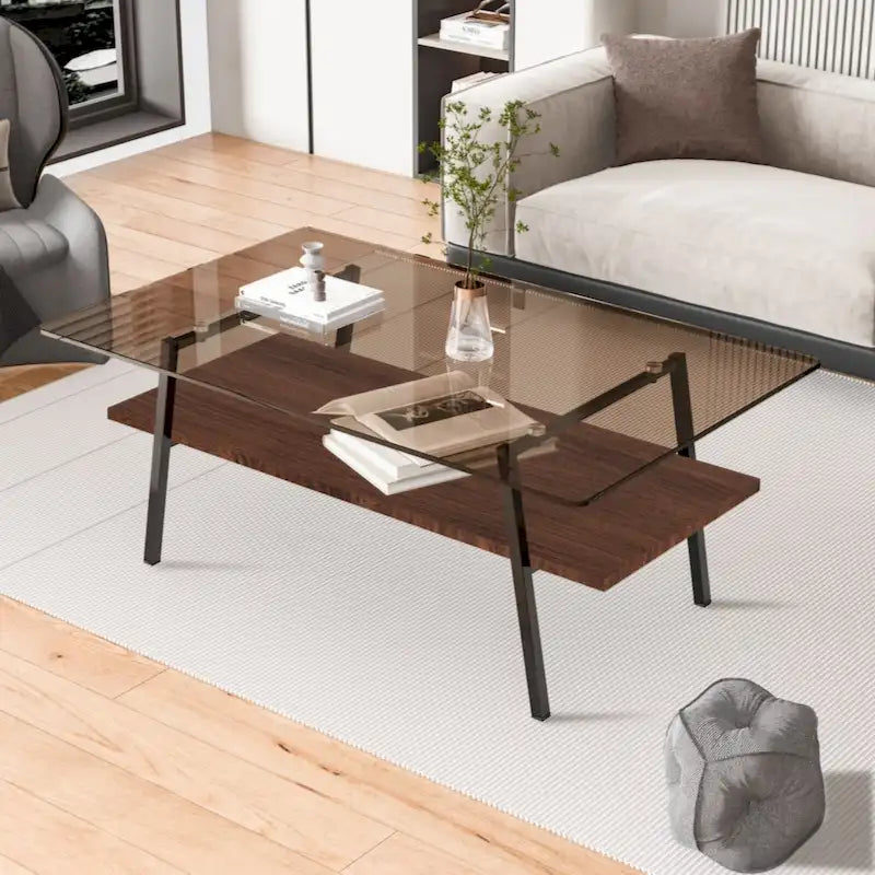 Rectangle Coffee Table, Tempered Glass Tabletop with Black Metal Legs, Modern Table for Living Room