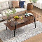 Rectangle Coffee Table, Tempered Glass Tabletop with Black Metal Legs, Modern Table for Living Room