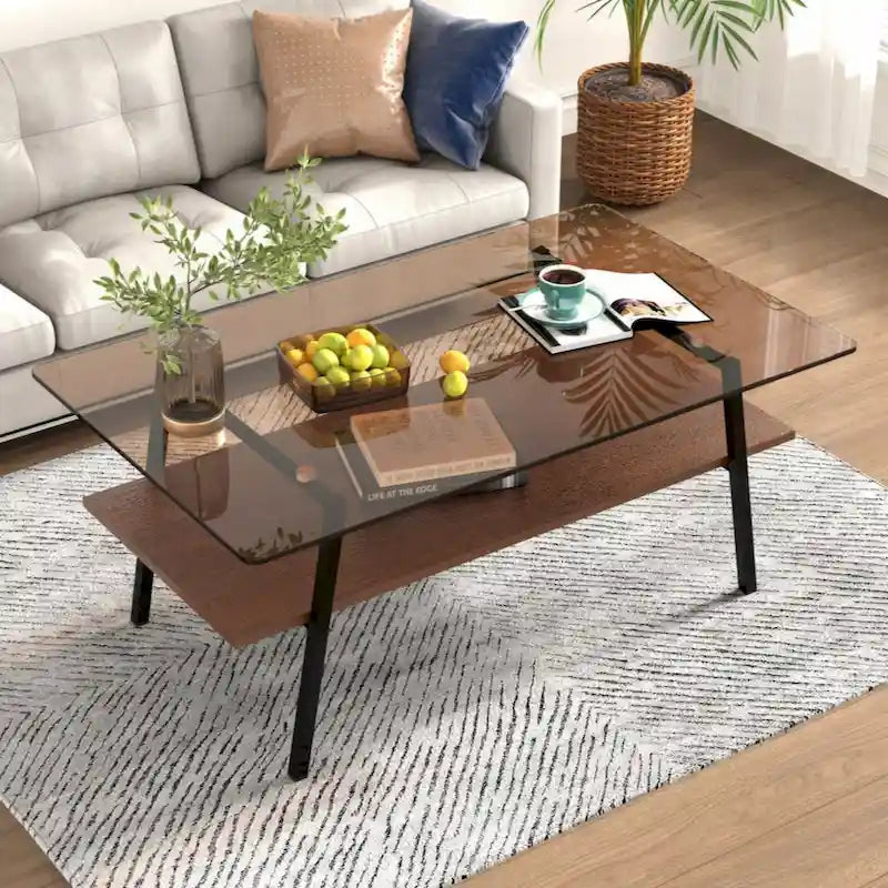 Rectangle Coffee Table, Tempered Glass Tabletop with Black Metal Legs, Modern Table for Living Room
