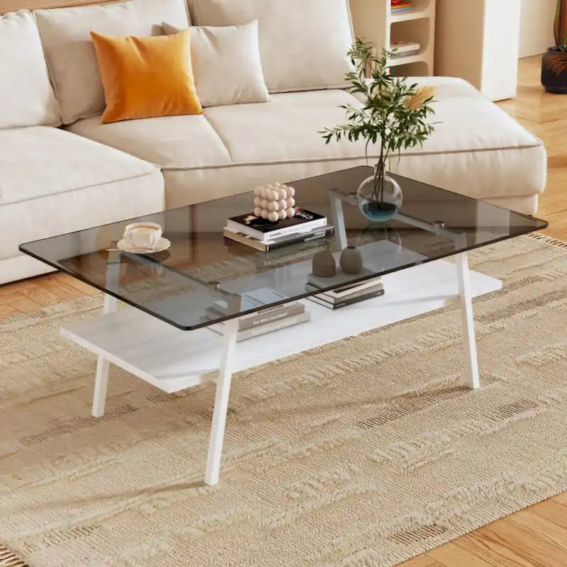 Rectangle Coffee Table, Tempered Glass Tabletop with Black Metal Legs, Modern Table for Living Room