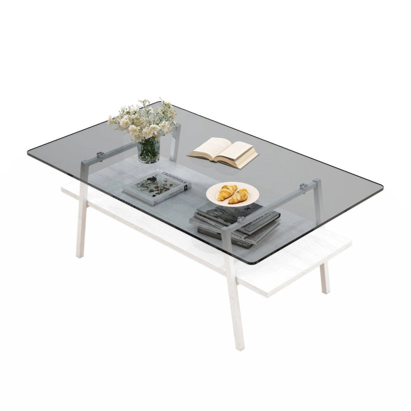 Rectangle Coffee Table, Tempered Glass Tabletop with Black Metal Legs, Modern Table for Living Room